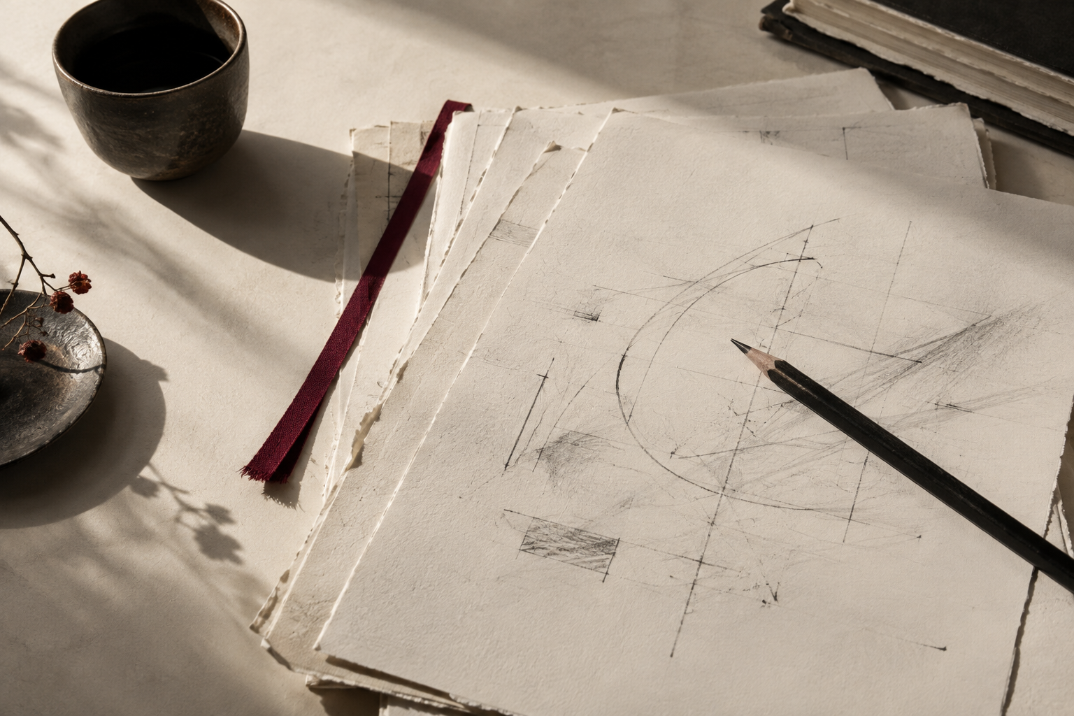 Working papers and a pencil, with overlapping marks and a maroon bookmark.