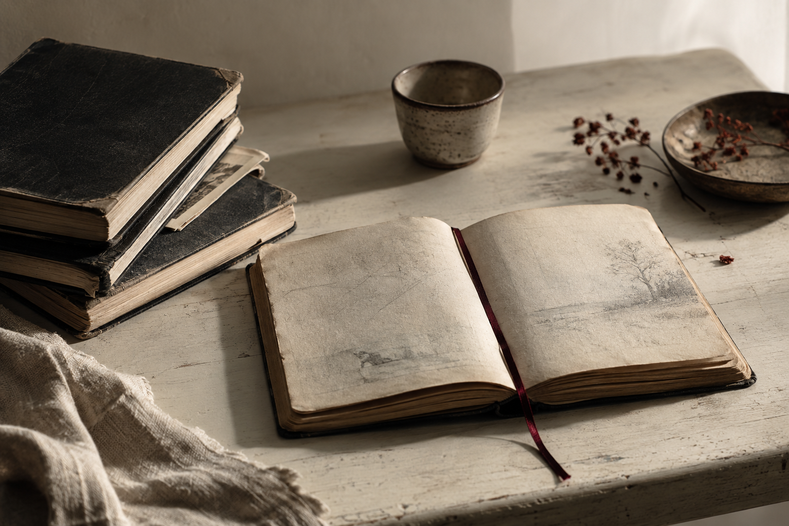 An open, worn notebook beside a stack of notebooks, with a maroon ribbon between the pages.